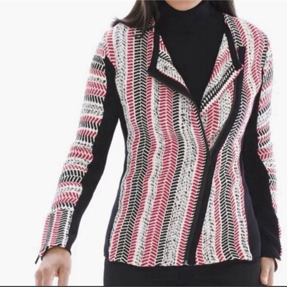 Chico’s Sweater Moto Jacket Size 1 Women’s Red White Black Pullover New - Picture 1 of 16